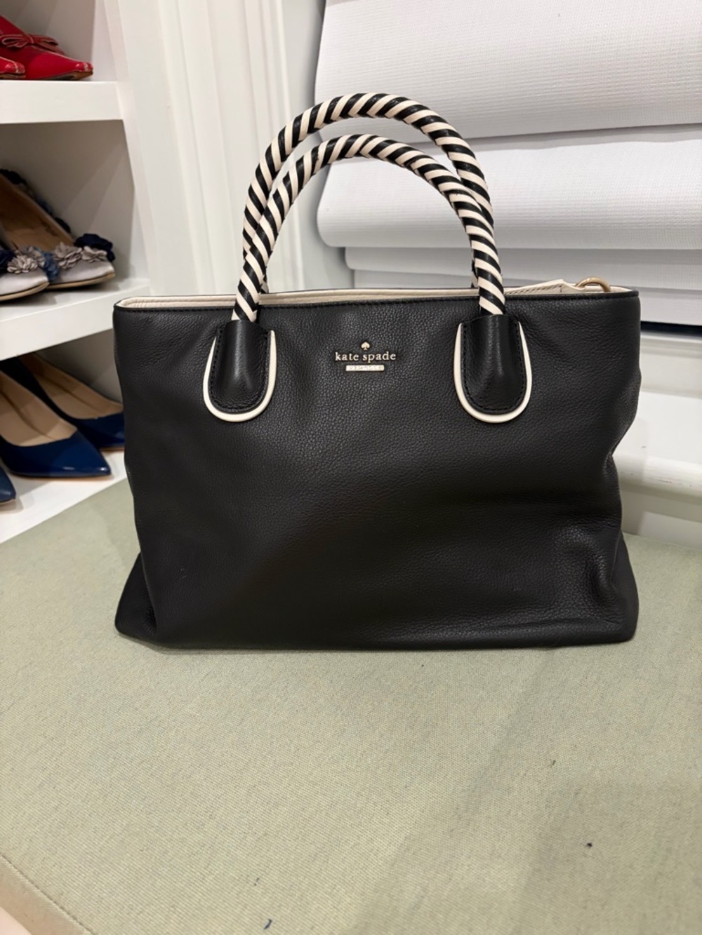 Like New kate spade Black Leather Tote with Black-and-White Striped Handles